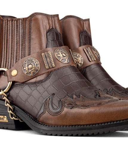 Men's Brown Leather Two-Tone Winklepicker Biker Boots