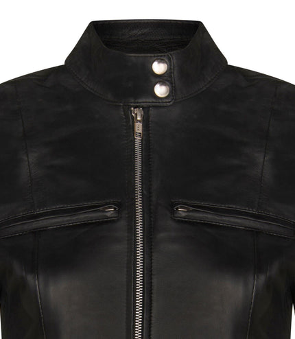 Womens Plain Leather Moto Biker Jacket-Braga - Black