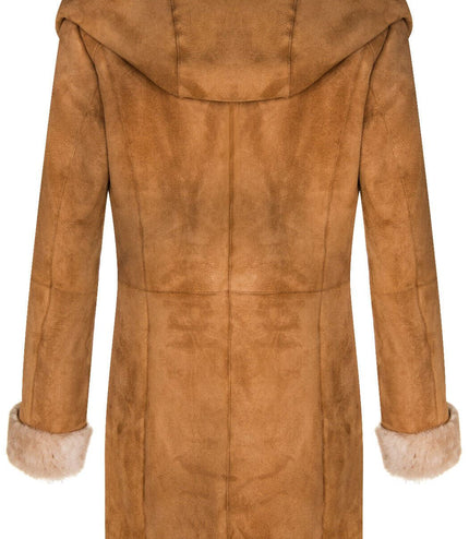 Womens Merino Sheepskin Hooded Coat-Antioch - Tan