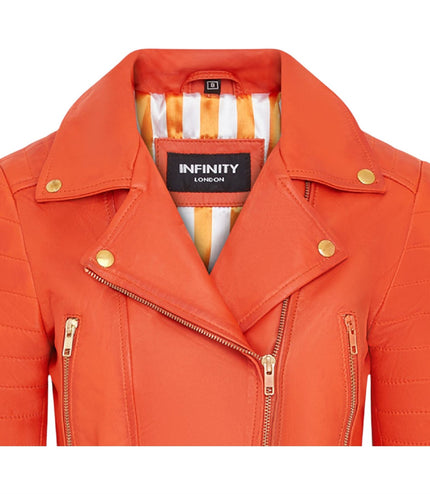 Womens Orange Cropped Brando Leather Biker Jacket-Longtown