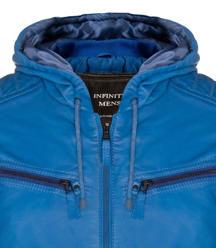 Mens Leather Hooded Retro Bomber Jacket - Skopje - Blue