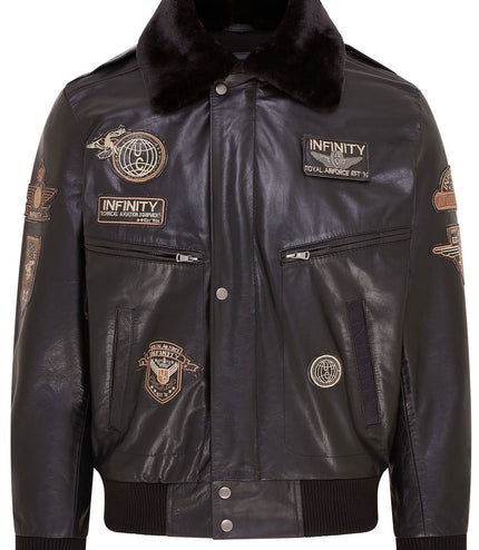 Mens Leather Bomber Jacket Air Force Badge Pilot Flying US Aviator Jacket - Black