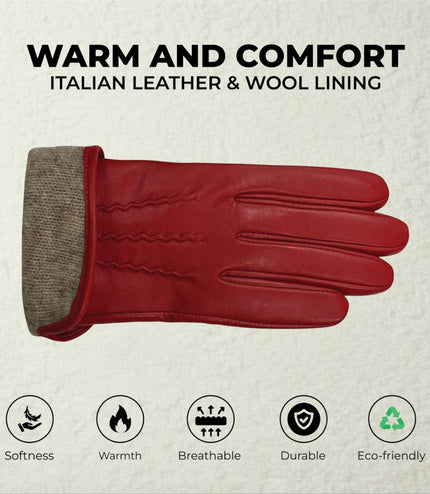 Womens Red Italian Leather Winter Stitch Line Design Soft Wool Lining Gloves - L-GLV-301
