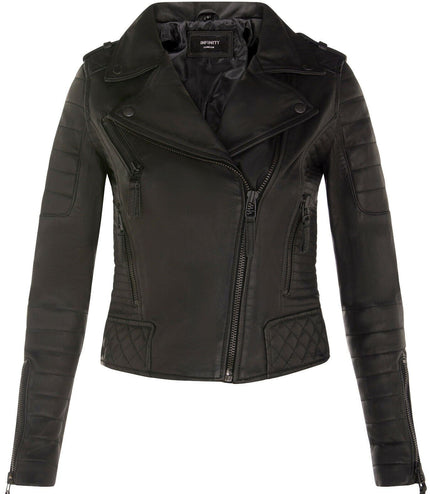 Womens Leather Quilted Vintage Brando Biker Jacket-Lusaka - Black