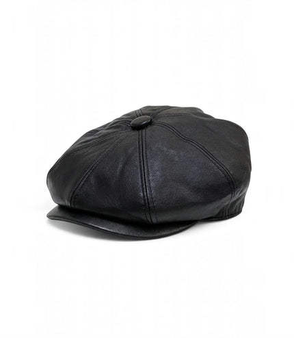 Men's Black Faux Leather Vintage 8-Panel Gatsby Baker Boy Hat - MHT-1