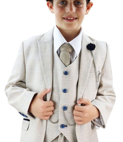 Boys 3 Piece Cream Herringbone Tweed Check Classic  Suit