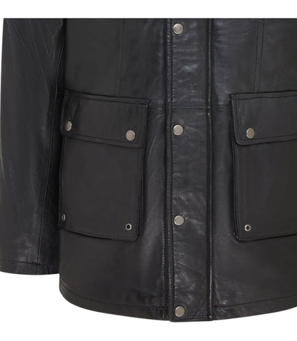 Men's Leather Military Jacket Outwear Trenchcoat - Field - Black