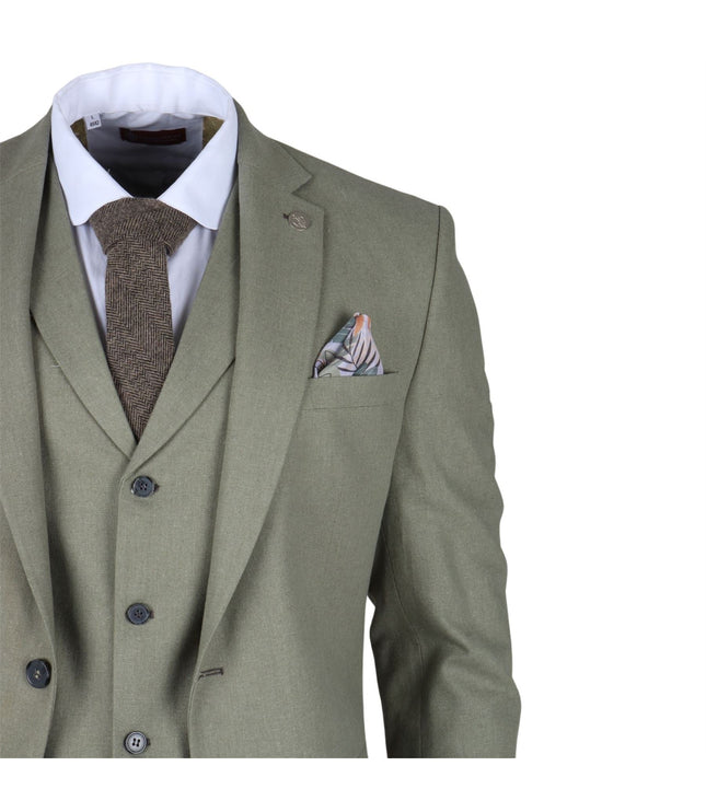 Men's Sage Green Tailor Fit 3 Piece Linen Summer Wedding Suit