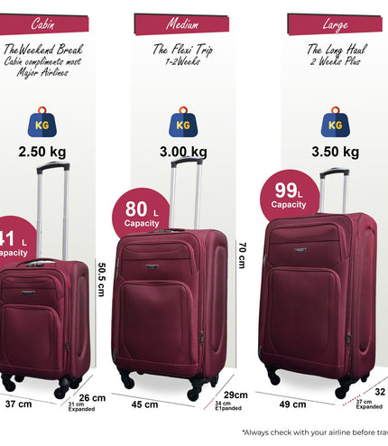 Nagoya Set of 3 Soft Shell Suitcase in Wine