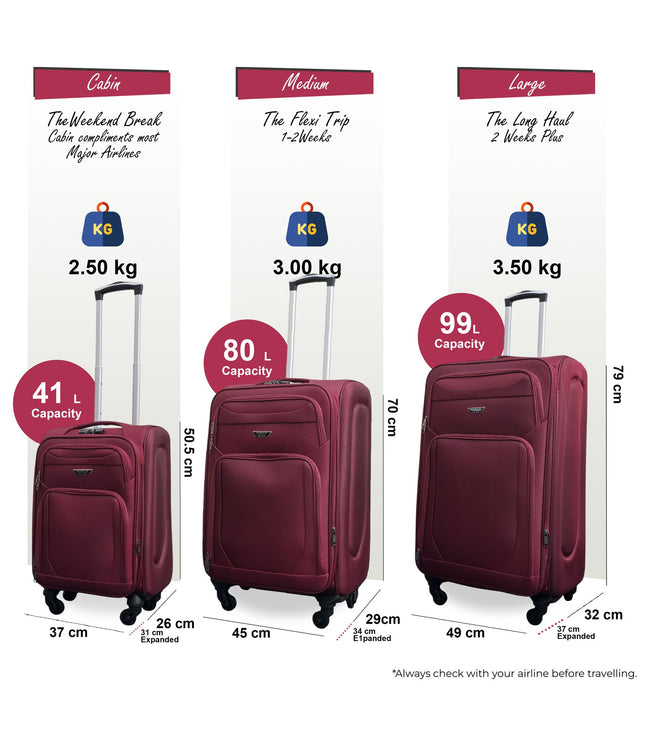 Nagoya Set of 3 Soft Shell Suitcase in Wine