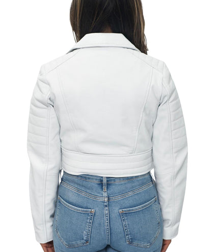 Womens Cropped Brando Leather Biker Jacket-Damascus - White