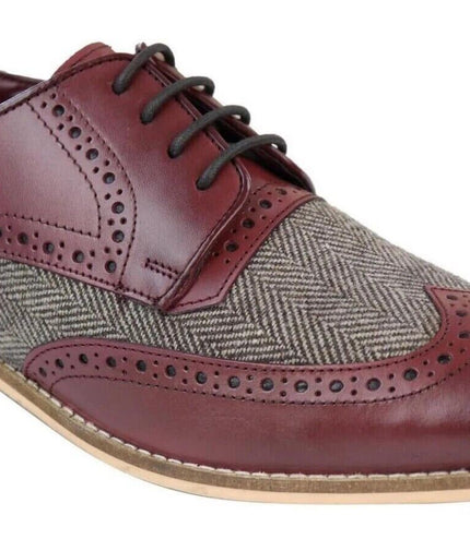 Mens Classic Oxford Tweed Brogue Derby Shoes In Burgundy Leather