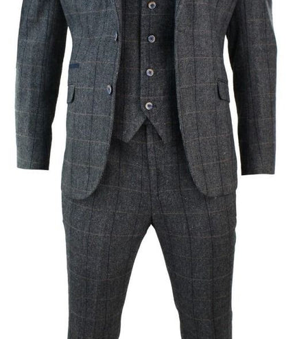 Mens 3 Piece Charcoal Grey Check Tweed Herringbone Vintage Classic Suit