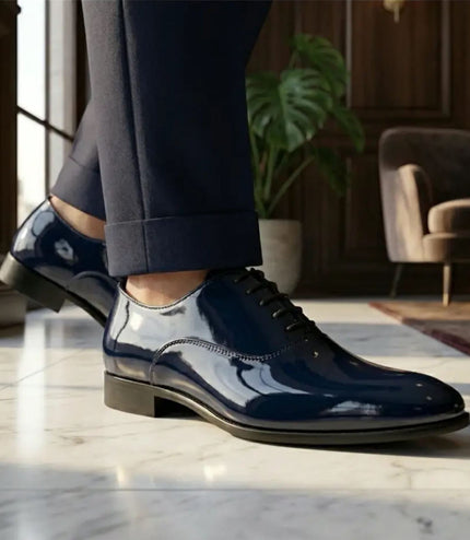 Men's Formal Navy Blue Patent PU Leather Oxford Dress Brogue Shoes