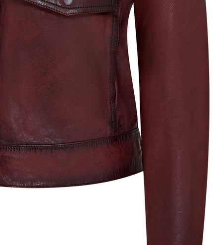 Womens Vintage Classic Lamb Leather Collared Biker Jacket - Ox Red