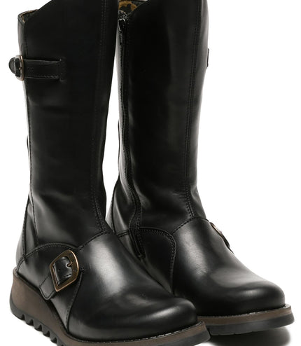 Fly London Womens Black Mes 2 Wedge Heel Buckle Mid-Calf Leather Zip Platform Boots