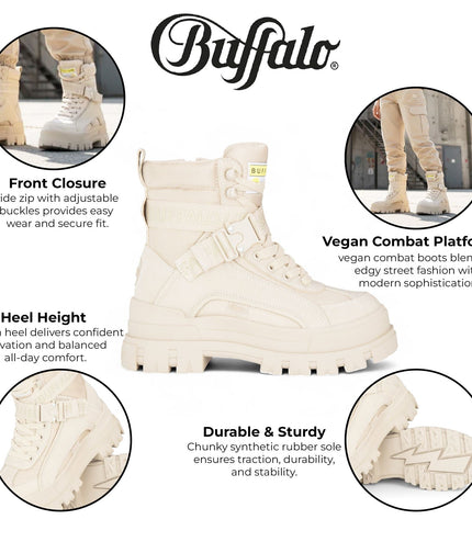 Buffalo Womens Beige Chunky Platform High Ankle Combat Boots - ASPHA-COM1