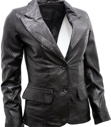 Womens Leather Blazer Jacket-Seregno - Black