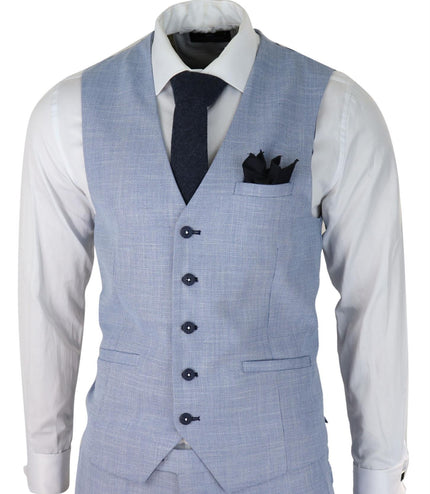Mens 3 Piece Linen Suit Light Blue Summer Tailored Fit Wedding Prom Classic Suit