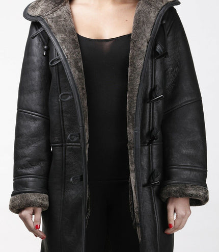 Womens Black Shearling Hooded Duffle Coat-Lille