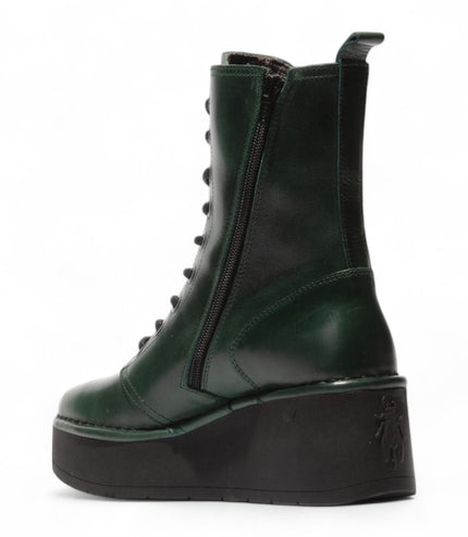 Fly London Womens Petrol Green Hait273 Leather Lace-Up Chunky Platform Ankle Boots