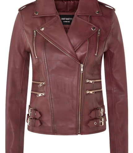 Womens Leather Brando Biker Jacket-Orlando - Burgundy