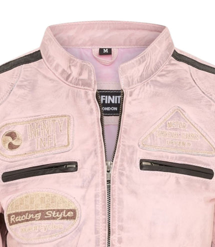 Womens Biker Racing Badges Pink Leather Jacket-Eastleigh