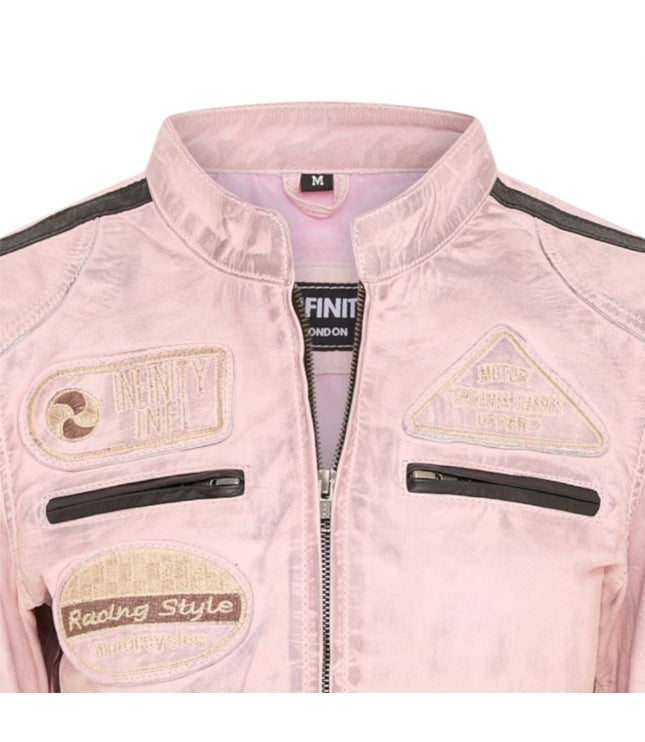 Womens Biker Racing Badges Pink Leather Jacket-Eastleigh