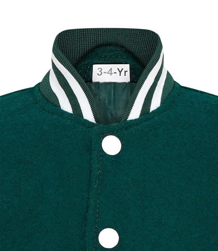 Kids Green Wool Varsity Bomber Jacket with Real Leather Sleeves