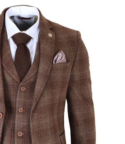 Men's Formal Brown Tweed  3 Piece Check Vintage Gatsby Style Suit