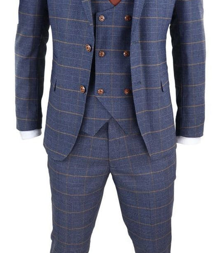 Mens 3 Piece Navy Blue Retro Check Vintage Classic Suit