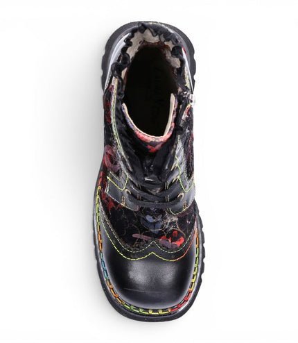 Laura Vita Women's Gothic Floral Black Leather Combat Boots - Oyao-11