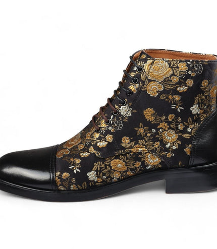 Justin Reess Men's Black Floral Print Leather Oxford Ankle Boots - Adam