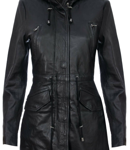 Womens Mid Length Hooded Parka Jacket-Oakengates - Black