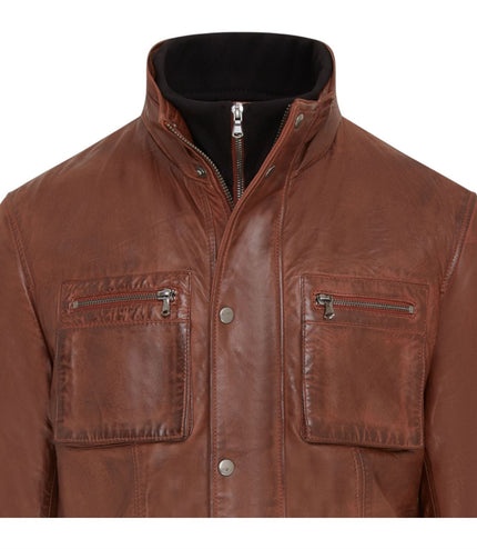 Men's Leather Military Jacket Outwear Trenchcoat - Field - Tan