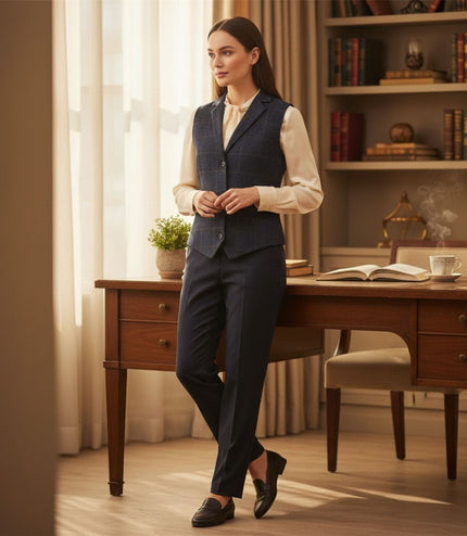 Women's Navy Tailored Fit Tweed Waistcoat Formal Vest - TPSTZ-7