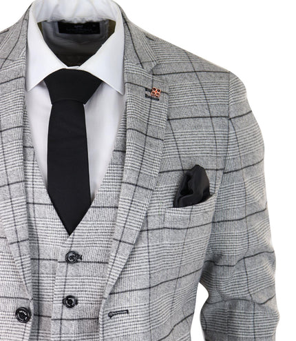 Mens 3 Piece Tweed Suit Grey Check Peaky Blinders 1920 Gatsby Wedding Suit