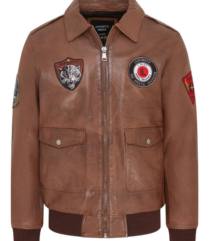 Men's Tan Brown Leather Bomber G-1 Aviator Collar Jacket  - Maverick