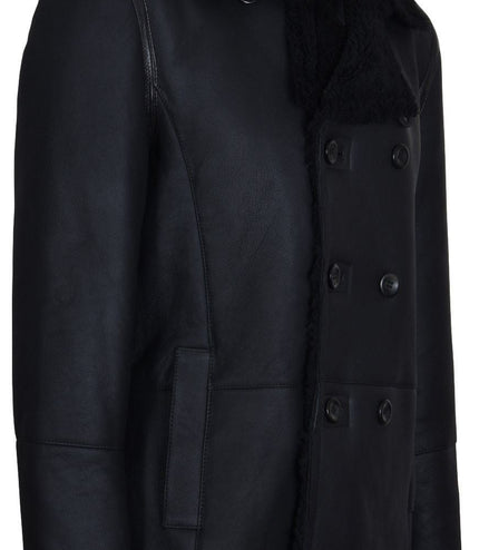 Mens Double Breasted Shearling Sheepskin Pea Coat-Valencia - Black