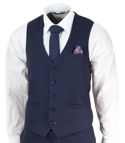 Mens 3 Piece Navy Blue Tailored Fit Retro Classic Suit