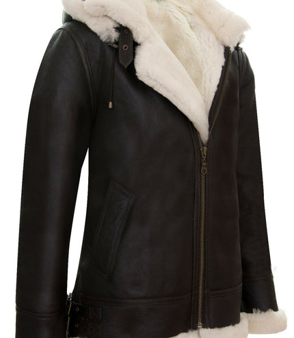Mens Hooded Sheepskin Leather B3 Flying Jacket-Columbus - Brown