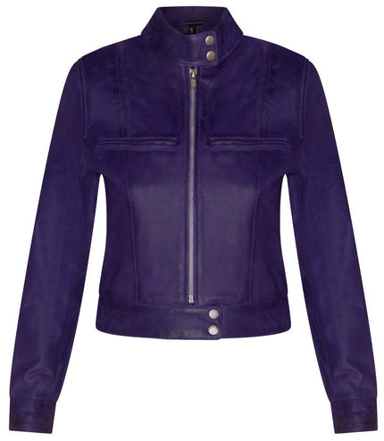 Womens Plain Leather Moto Biker Jacket-Braga - Purple