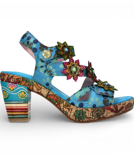Laura Vita Women's Nellao 33 Blue Floral Leather Wedge Heel Espadrille Sandals