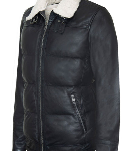 Men's Leather Quilted Biker Puffer Jacket - BrasÃ­lia - Black