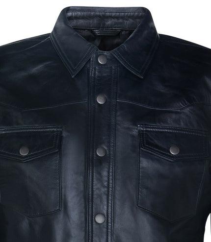 Mens Retro Leather Shirt Jeans Jacket-Beijing - Black