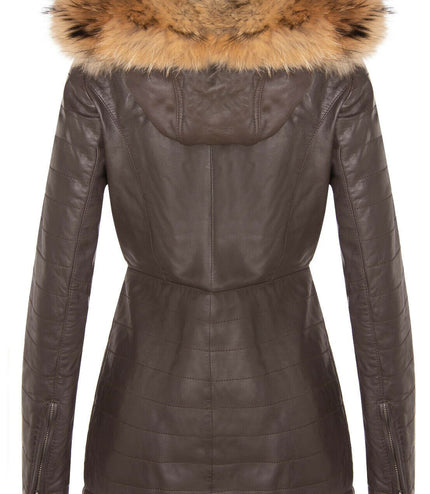 Womens Slim Fit Leather Hooded Parka Jacket-Northam - Brown
