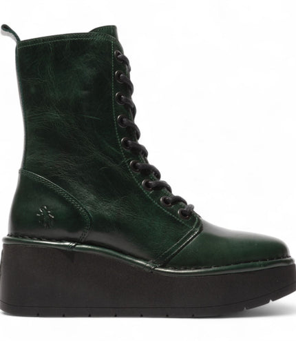 Fly London Womens Petrol Green Hait273 Leather Lace-Up Chunky Platform Ankle Boots