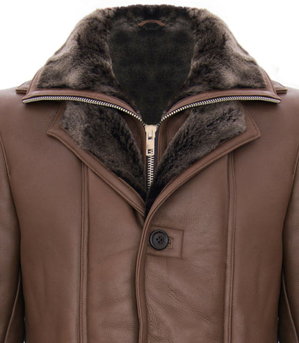 Mens Warm Shearling Sheepskin Leather Coat-Florence - Brown