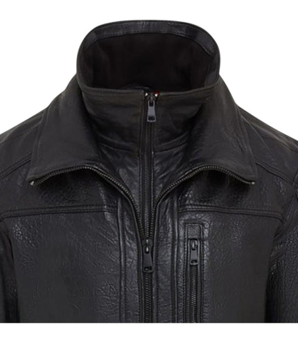Mens Warm Mid-Length Leather Biker Coat - Sikander - Black