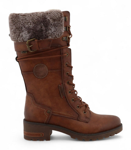 Mustang Women's Brown Mid-Calf Faux Fur Winter Combat Boots